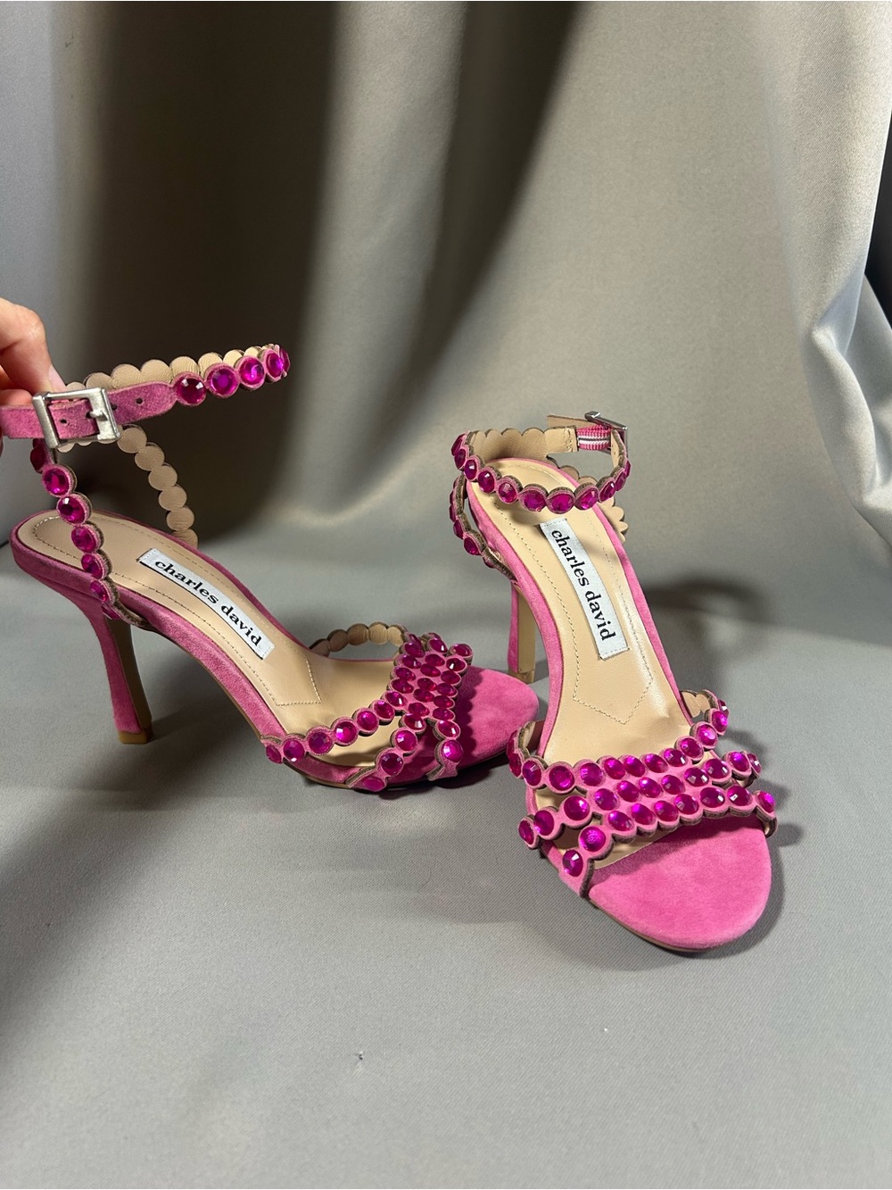 Charles David Hot Pink Penelope Jeweled Suede Ankle-Strap Heels size 5